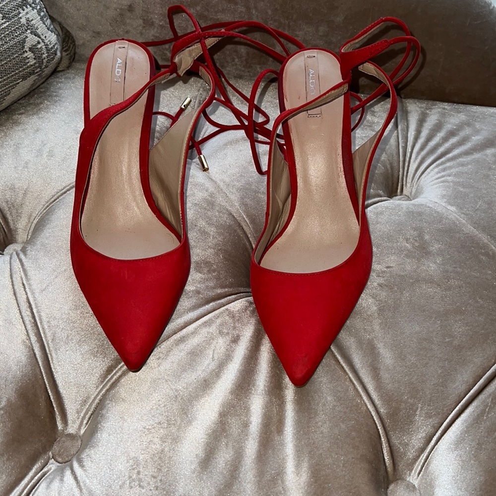 Red suede tie up heels